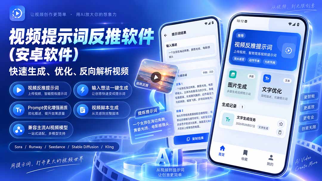 (20301期)视频提示词反推软件(安卓软件),快速生成、优化、反向解析视频