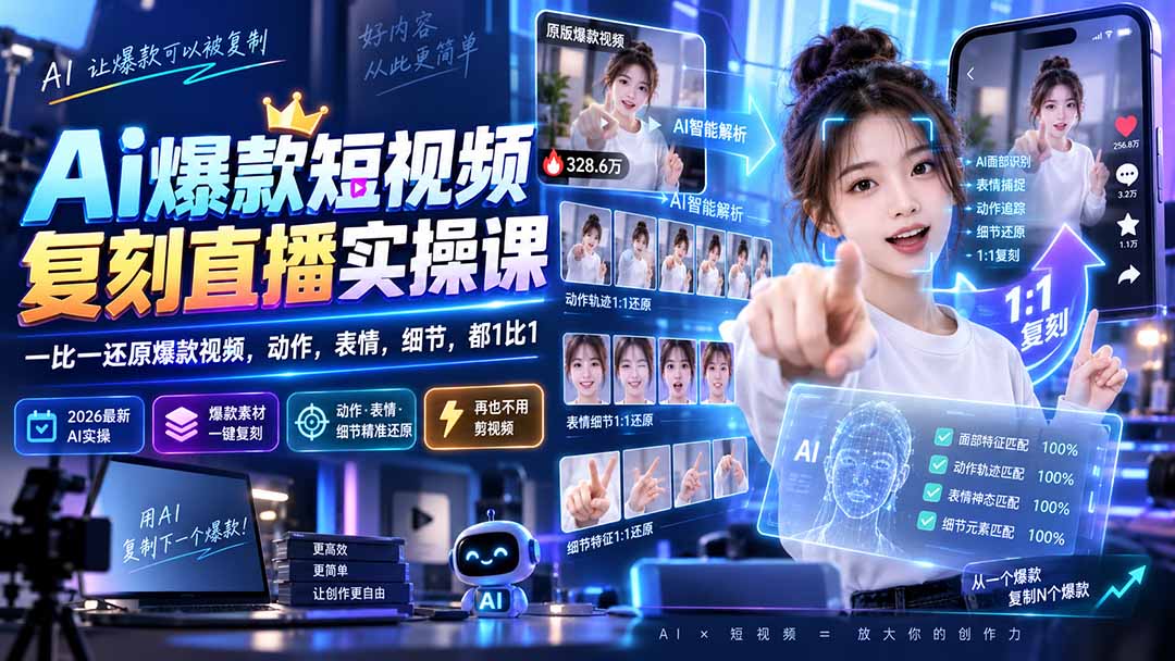 （20304期）最新Ai爆款短视频复刻直播实操课，一比一还原爆款视频，动作，表情，细节，都1比1