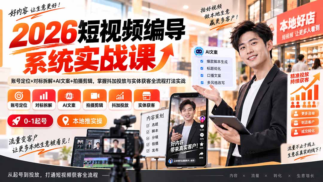 (20305期)2026短视频编导系统实战课:账号定位+对标拆解+AI文案+拍摄剪辑,掌握抖加投放与实体获客全流程打法实战