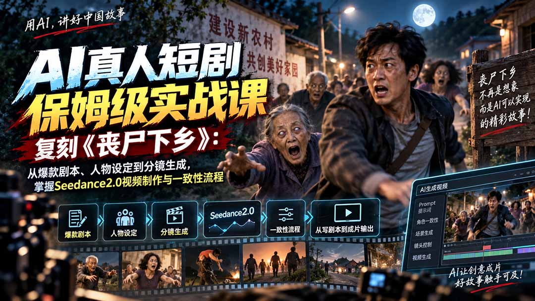 (20359期)AI真人短剧保姆级实战课,复刻《丧尸下乡》:从爆款剧本、人物设定到分镜生成,掌握Seedance2.0视频制作与一致性流程