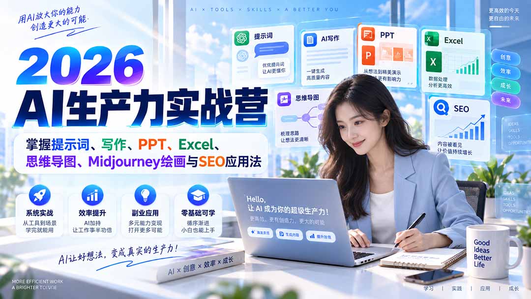 (20307期)2026AI生产力实战营:掌握提示词、写作、PPT、Excel、思维导图、Midjourney绘画与SEO应用法