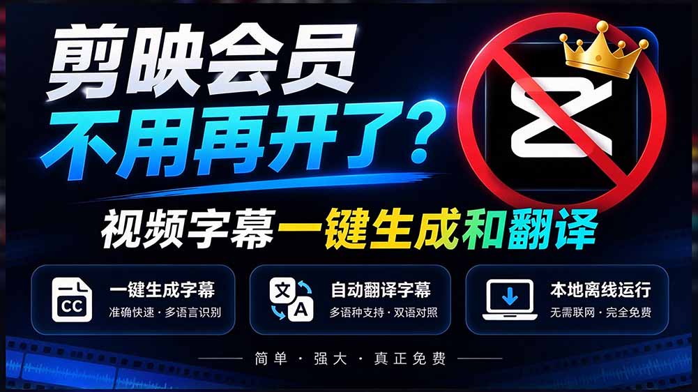 (20728期)剪映会员不用再开了?视频字幕一键生成加翻译,本地离线运行,完全免费,超快速高精度,字幕大师