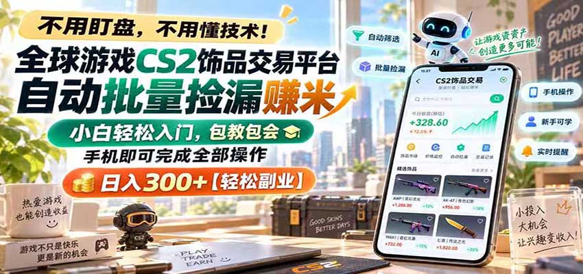 全球游戏CS2饰品交易平台自动批量捡漏赚米，手机即可完成全部操作，日入300+