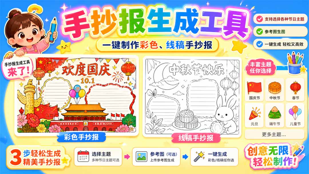 （20265期）手抄报批量生成工具来了，完全免费，告别豆包生图，这个高清无水印