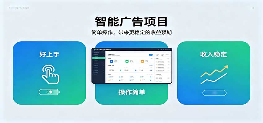 智能广告挂机项目，操作简单上手快，收益稳定可持续。稳定日入300+