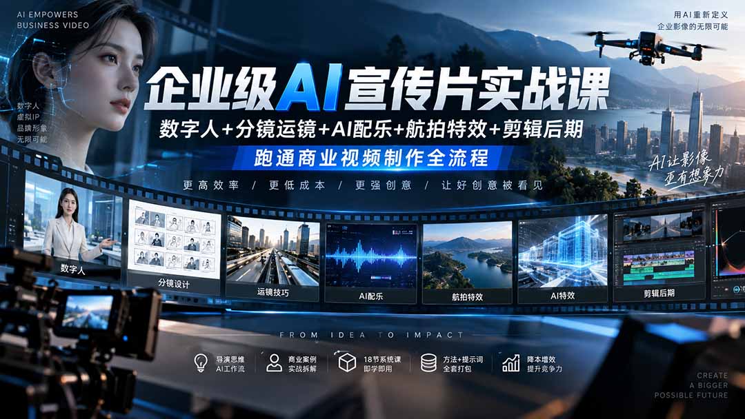 （20548期）企业级AI宣传片实战课｜数字人+分镜运镜+AI配乐+航拍特效+剪辑后期，跑通商业视频制作全流程