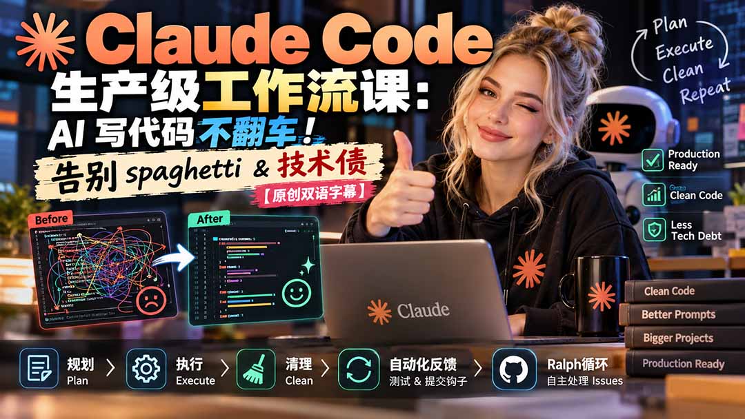 (20739期)Claude Code 生产级工作流课:AI 写代码不翻车!告别 spaghetti & 技术债【原创双语字幕】