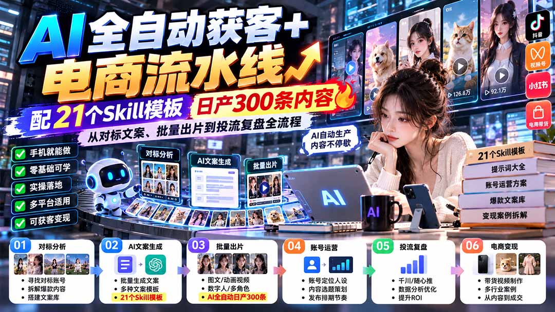 （20701期）【无水印】AI全自动获客+电商流水线-更新0928：配21个Skill模板，日产300条内容，从对标文案、批量出片到投流全流程