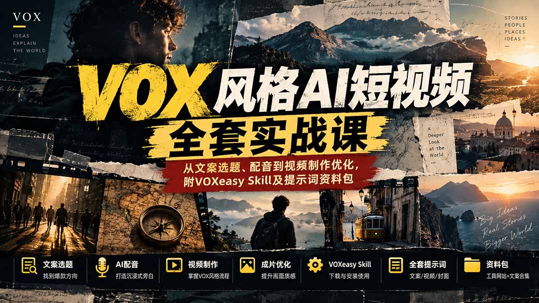 （20677期）【无水印】VOX风格AI短视频全套实战课：从文案选题、配音到视频制作优化，附VOXeasy Skill及提示词资料包