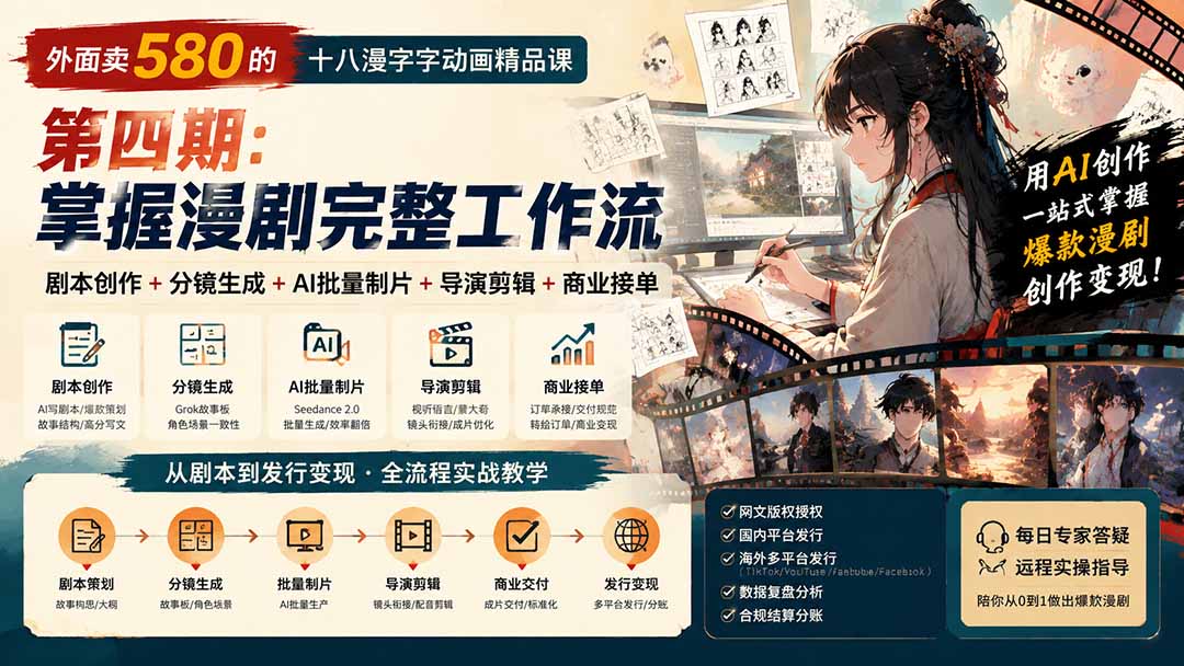 （20500期）外面卖580的十八漫字字动画精品课-第四期-更新：剧本创作+分镜生成+AI批量制片+导演剪辑+商业接单，漫剧完整工作流