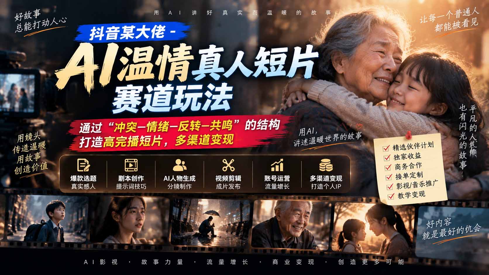 （20538期）抖音某大佬-AI温情真人短片赛道玩法：通过“冲突—情绪—反转—共鸣”的结构打造高完播短片，多渠道变现