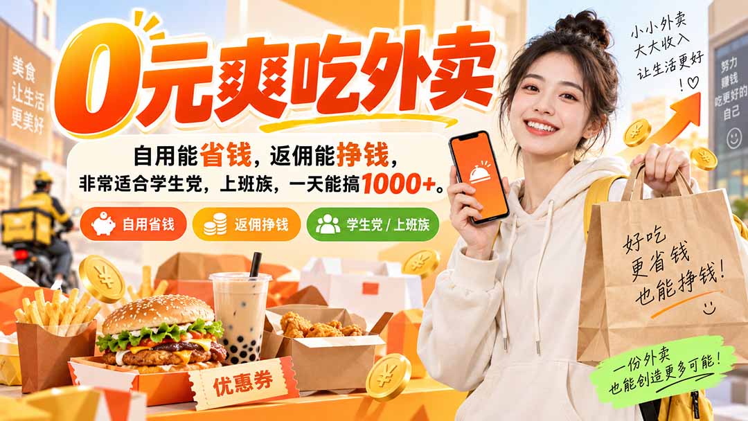 （20309期）0元爽吃外卖，自用能省钱，返佣能挣钱，非常适合学生党，上班族，一天能搞1000+