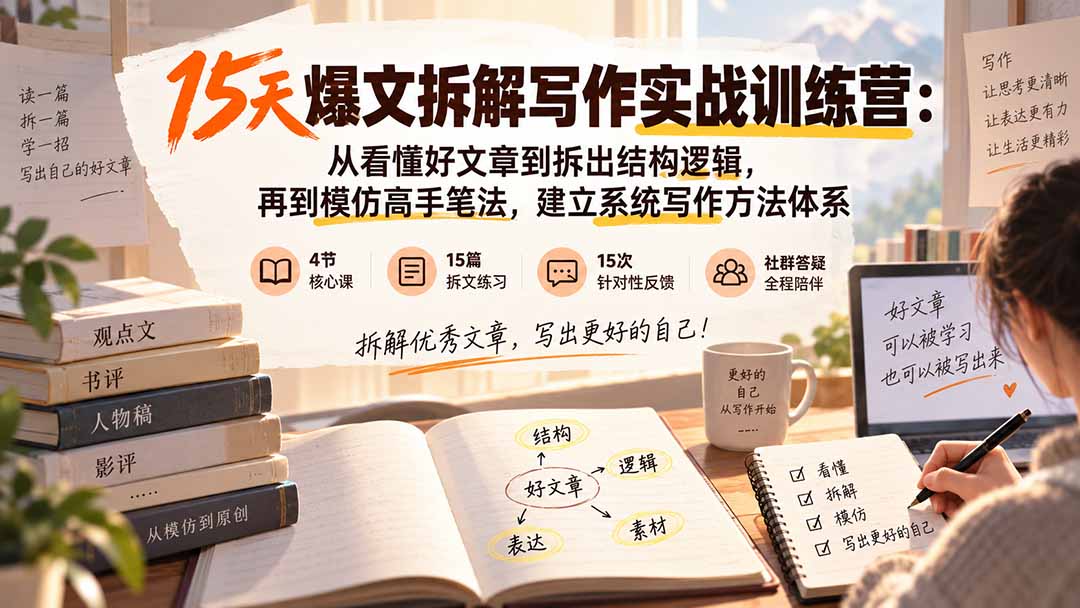（20271期）15天爆文拆解写作实战训练营：从看懂好文章到拆出结构逻辑，再到模仿高手笔法，建立系统写作方法体系