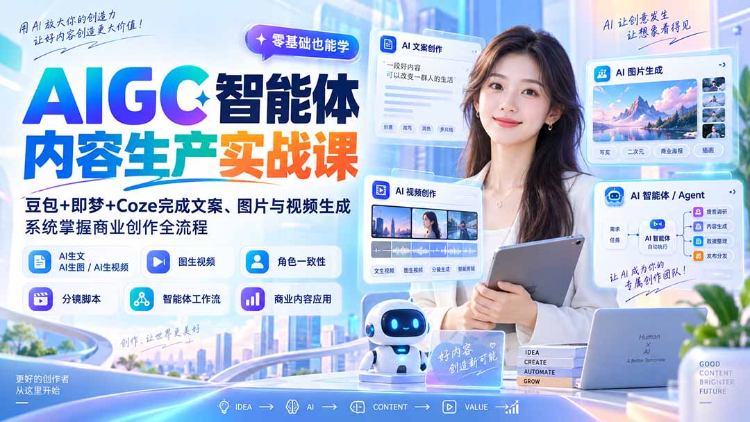(20372期)AIGC智能体内容生产实战课:豆包+即梦+Coze完成文案、图片与视频生成,系统掌握商业创作全流程