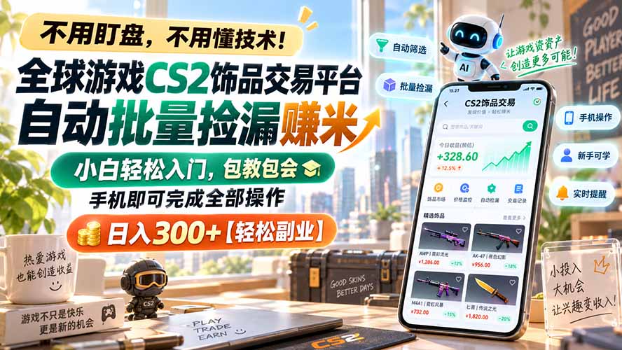 (20454期)全球游戏CS2饰品交易平台自动批量捡漏赚米,小白轻松入门,包教包会,手机即可完成全部操作,日入300+【轻松副业】