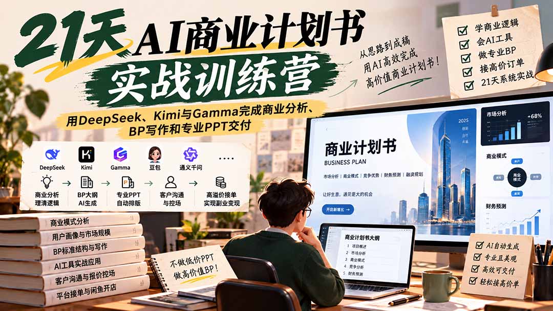 (20637期)【无水印】21天AI商业计划书实战训练营:用DeepSeek、Kimi与Gamma完成商业分析、BP写作和专业PPT交付