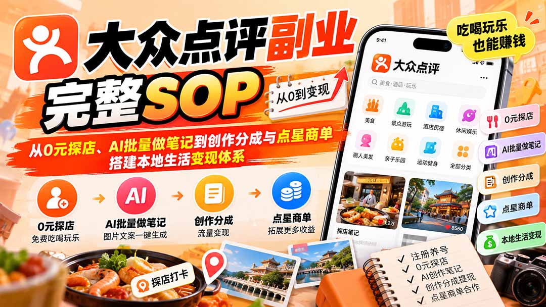 （20638期）【无水印】大众点评副业完整SOP：从0元探店、AI批量做笔记到创作分成与点星商单，搭建本地生活变现体系