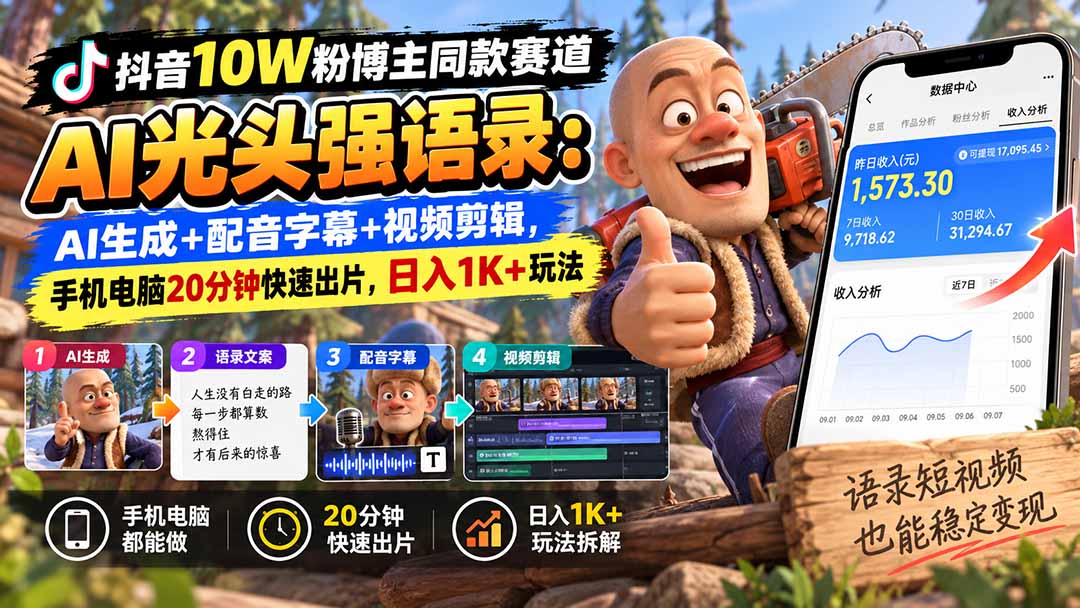 (20687期)【无水印】抖音10W粉博主同款赛道AI光头强语录:AI生成+配音字幕+视频剪辑,手机电脑20分钟快速出片,日入1K+玩法