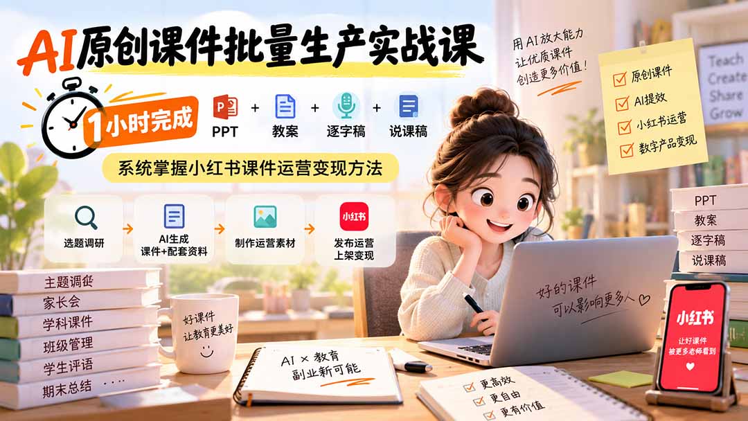 （20351期）AI原创课件批量生产实战课：1小时完成PPT+教案+逐字稿+说课稿，系统掌握小红书课件运营变现方法