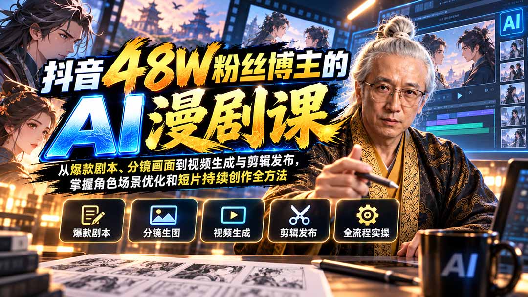 (20353期)抖音48W粉丝博主的AI漫剧课:从爆款剧本、分镜画面到视频生成与剪辑发布,掌握角色场景优化和短片持续创作全方法