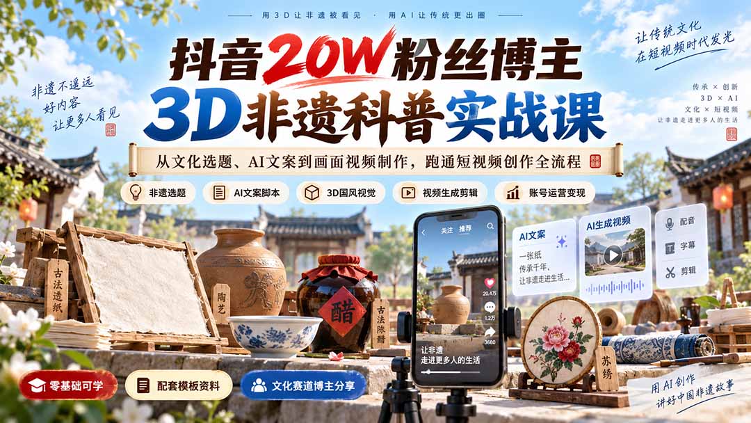 (20356期)抖音20W粉丝博主3D非遗科普实战课:从文化选题、AI文案到画面视频制作,跑通短视频创作全流程