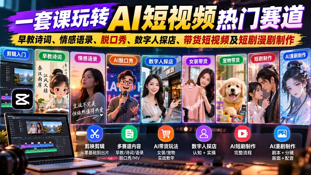 (20964期)一套课玩转AI短视频热门赛道:早教诗词、情感语录、脱口秀、数字人探店、带货短视频及短剧漫剧制作 复制标题