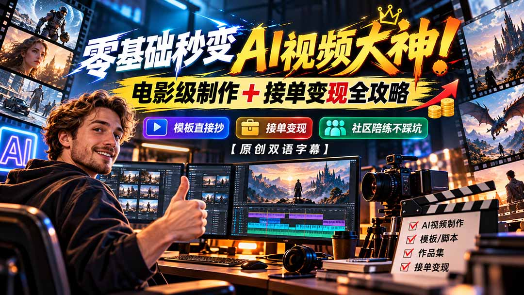 (20897期)零基础秒变AI视频大神!电影级制作 + 接单变现全攻略,模板直接抄,社区陪练不踩坑【原创双语字幕】