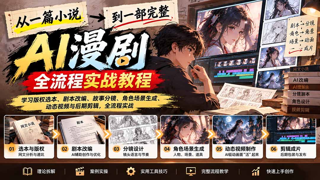 (21262期)从一篇小说到一部完整AI漫剧:学习版权选本、剧本改编、故事分镜、角色场景生成、动态视频与后期剪辑