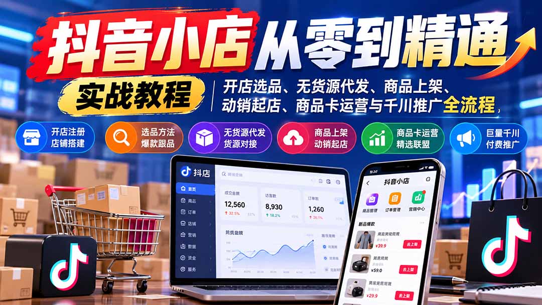 (21264期)抖音小店从零到精通实战教程:开店选品、无货源代发、商品上架、动销起店、商品卡运营与千川推广全流程