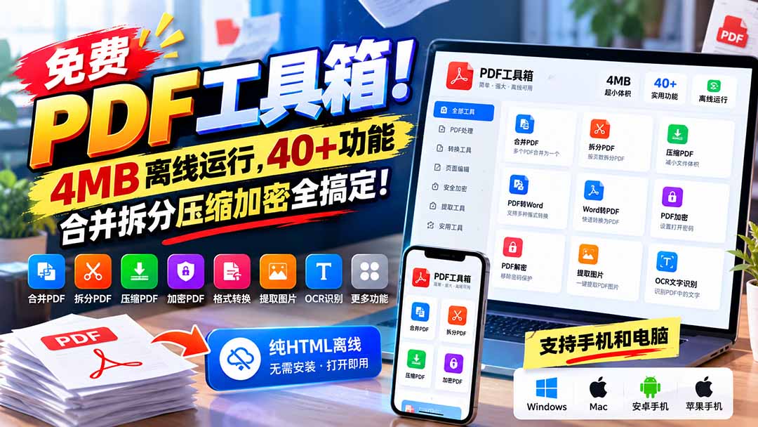 （21197期）免费PDF工具箱！4MB离线运行，40+功能，合并拆分压缩加密全搞定！