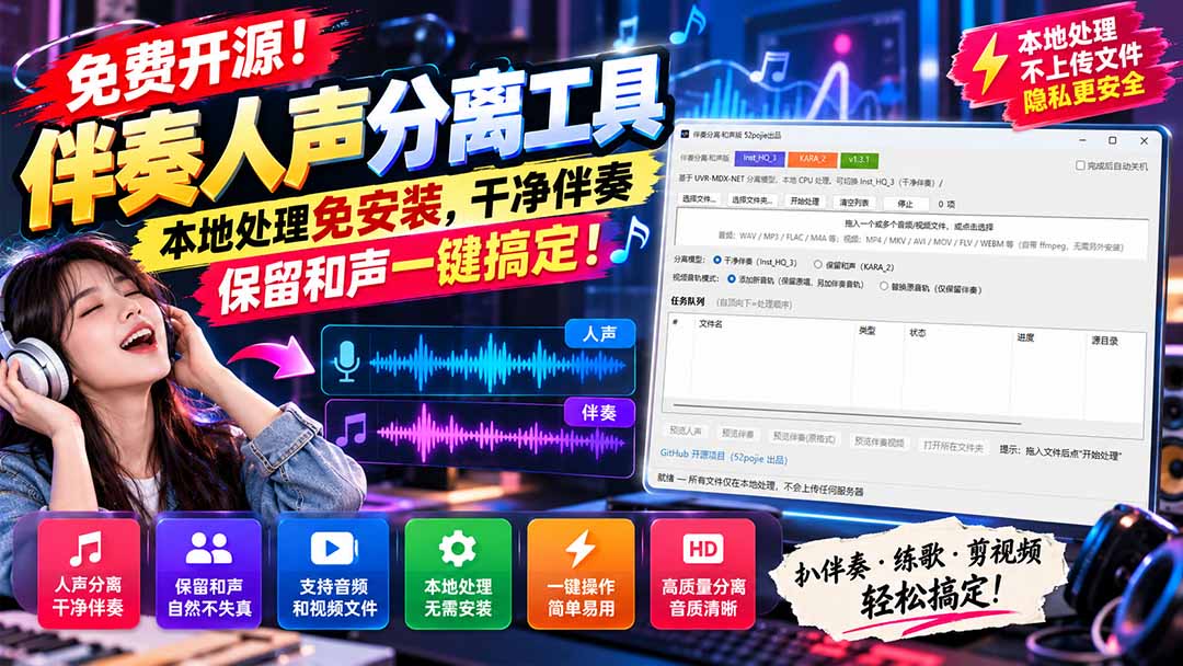 (21196期)免费开源!伴奏人声分离工具,本地处理免安装,干净伴奏,保留和声一键搞定!