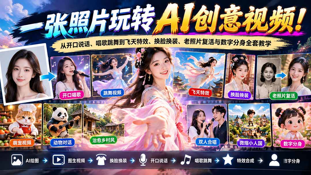 （21202期）一张照片玩转AI创意视频！从开口说话、唱歌跳舞到飞天特效、换脸换装、老照片复活与数字分身全套教学