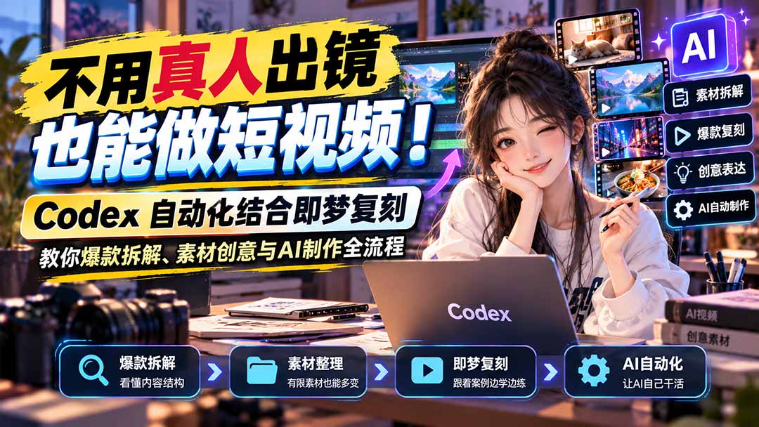 （20988期）不用真人出镜也能做短视频！Codex自动化结合即梦复刻，教你爆款拆解、素材创意与AI制作全流程