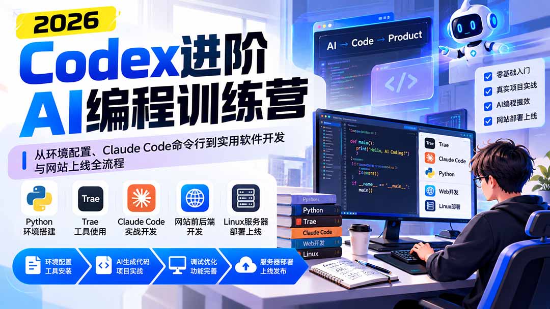 （20855期）Codex进阶AI编程训练营：从环境配置、Claude Code命令行到实用软件开发与网站上线全流程