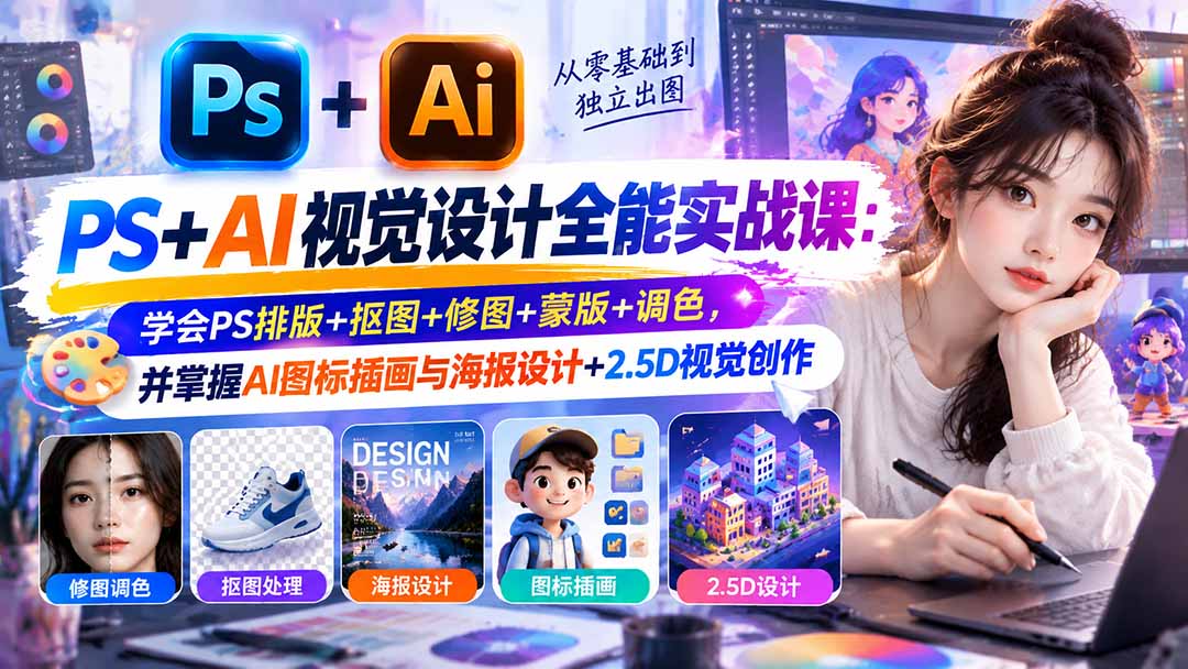 （20749期）【无水印】PS+AI视觉设计全能实战课：学会PS排版+抠图+修图+蒙版+调色，并掌握AI图标插画与海报设计+2.5D视觉创作