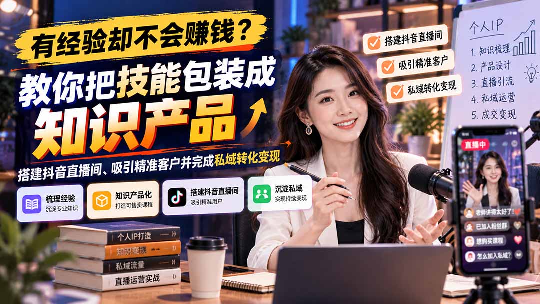 （21268期）有经验却不会赚钱？教你把技能包装成知识产品，搭建抖音直播间、吸引精准客户并完成私域转化变现