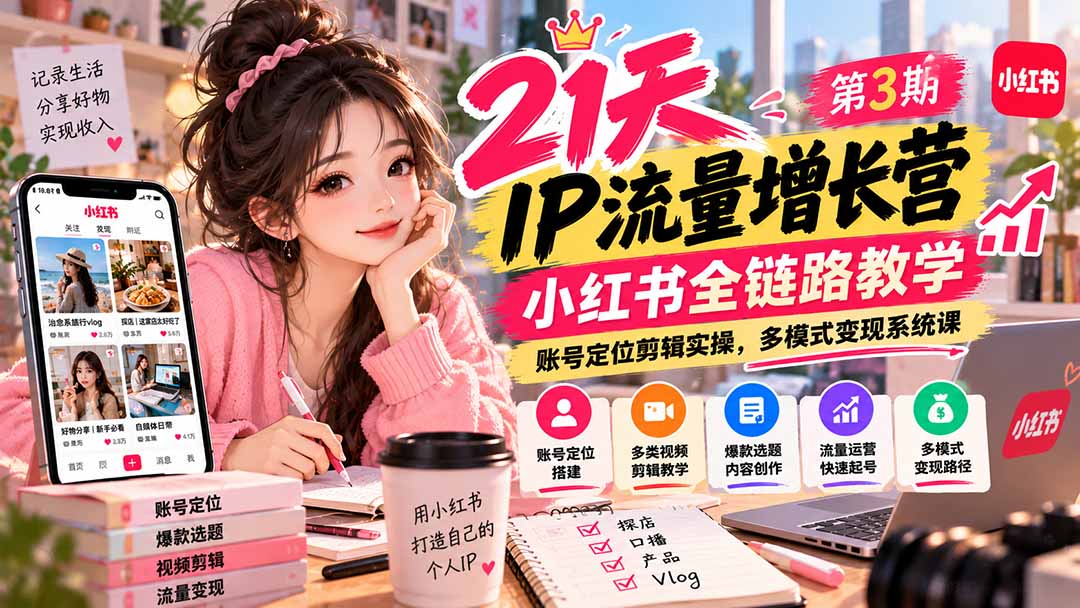 （20992期）【无水印】21天IP流量增长营-第3期，小红书全链路教学，账号定位剪辑实操，多模式变现系统课