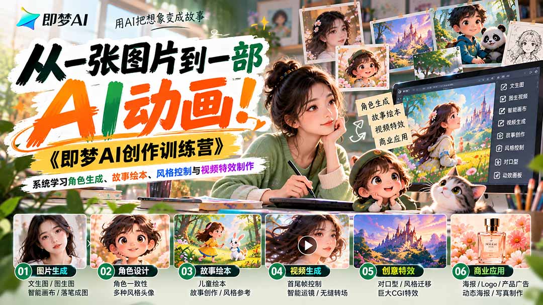 （21160期）【无水印】从一张图片到一部AI动画！《即梦AI创作训练营》系统学习角色生成、故事绘本、风格控制与视频特效制作