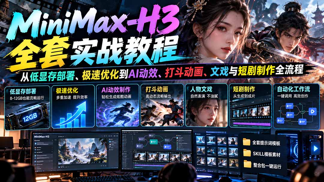 （21161期）MiniMax-H3全套实战教程：从低显存部署、极速优化到AI动效、打斗动画、文戏与短剧制作全流程