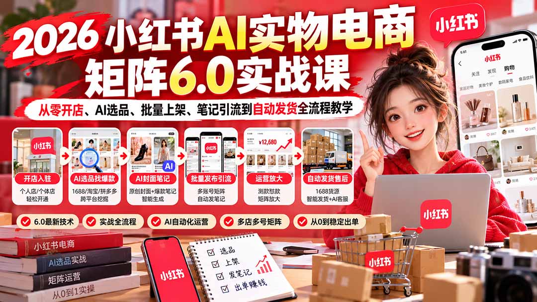 （21274期）2026小红书AI实物电商矩阵6.0实战课：从零开店、AI选品、批量上架、笔记引流到自动发货全流程教学