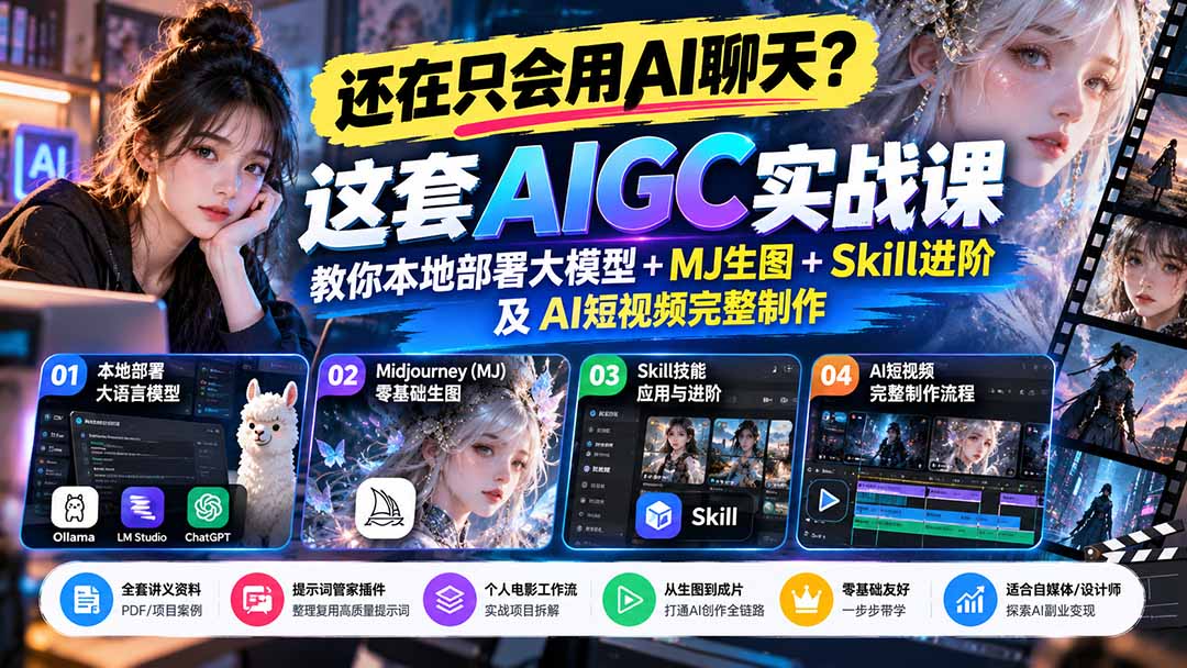 (21135期)【无水印】还在只会用AI聊天?这套AIGC实战课教你本地部署大模型+MJ生图+Skill进阶及AI短视频完整制作