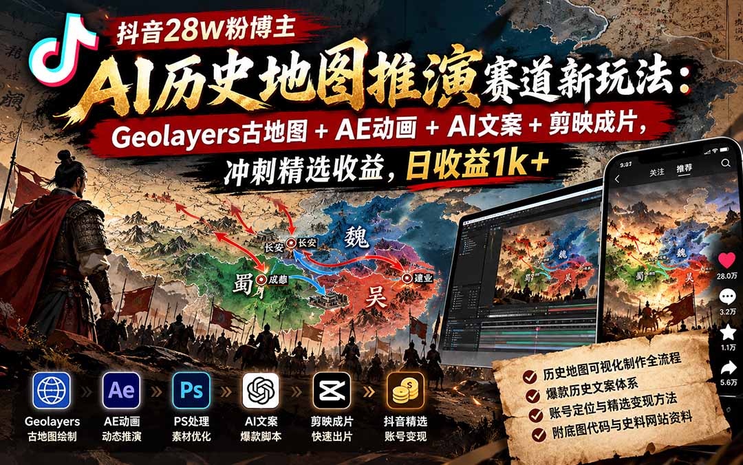 (20809期)抖音28W粉博主AI历史地图推演赛道新玩法:Geolayers古地图+AE动画+AI文案+剪映成片,冲刺精选收益,日收益1k+