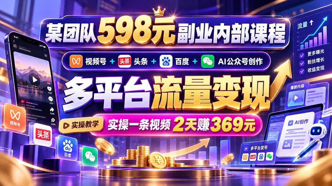(21238期)某团队598元副业内部课程:视频号+头条+百度+AI公众号创作、多平台流量变现,实操一条视频2天赚369元