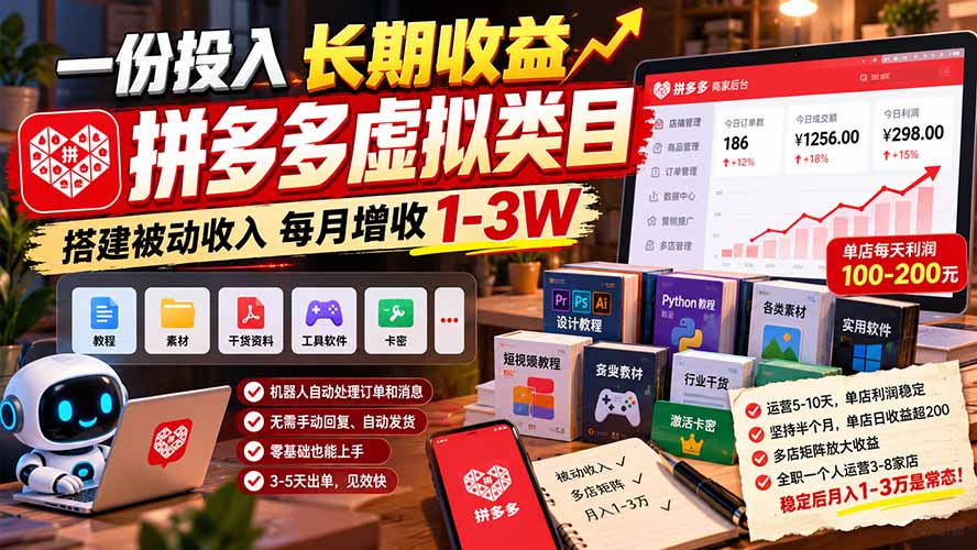 （21166期）一份投入长期收益，拼多多虚拟类目，搭建被动收入每月增收 1-3W