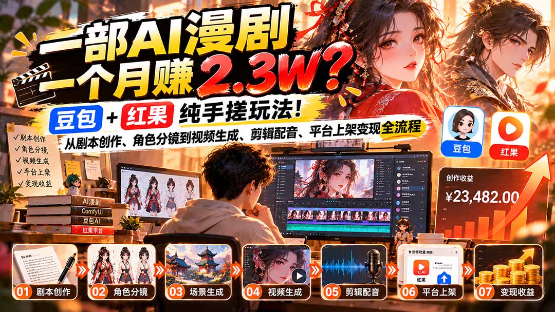 （21089期）一部AI漫剧一个月赚2.3W？豆包+红果纯手搓玩法！从剧本创作、角色分镜到视频生成、剪辑配音、平台上架变现全流程