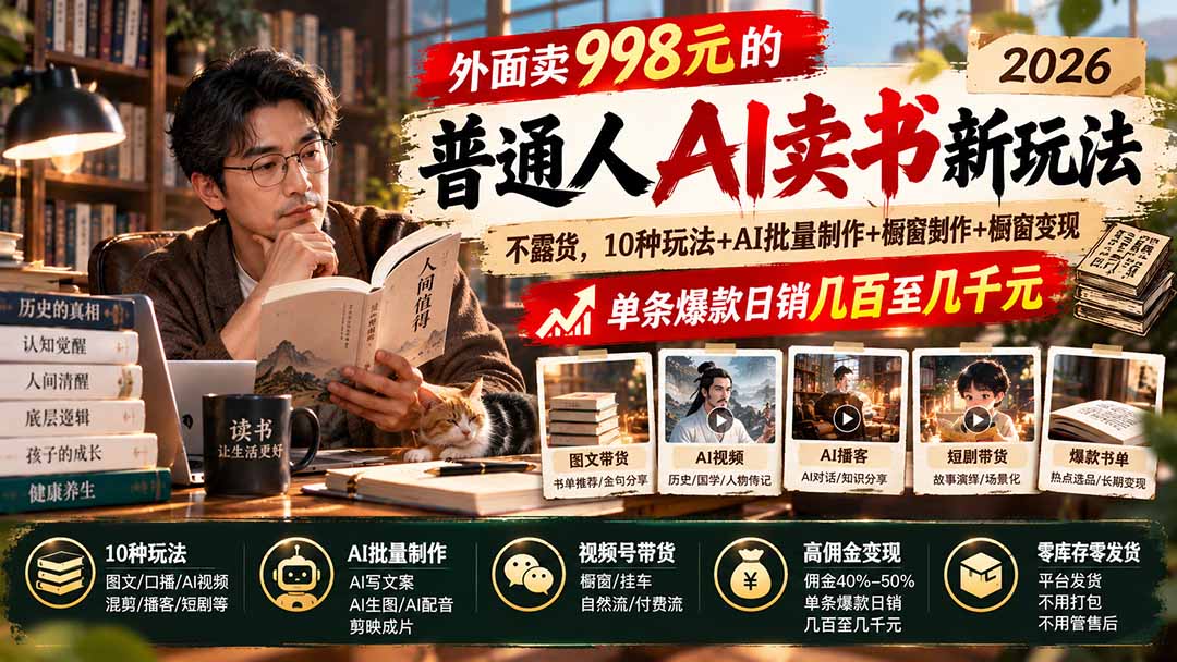 (20909期)外面卖998元的2026普通人AI卖书新玩法:不露脸、不囤货,10种玩法+AI批量制作+橱窗变现,单条爆款日销几百至几千元