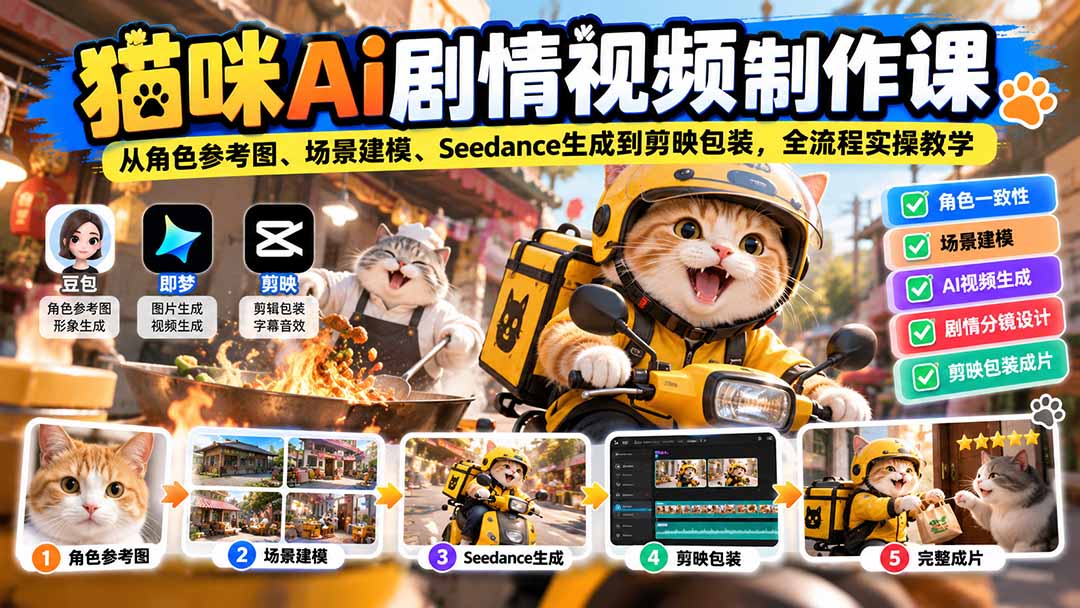 (20793期)猫咪AI剧情视频制作课:从角色参考图、场景建模、Seedance生成到剪映包装,全流程实操教学