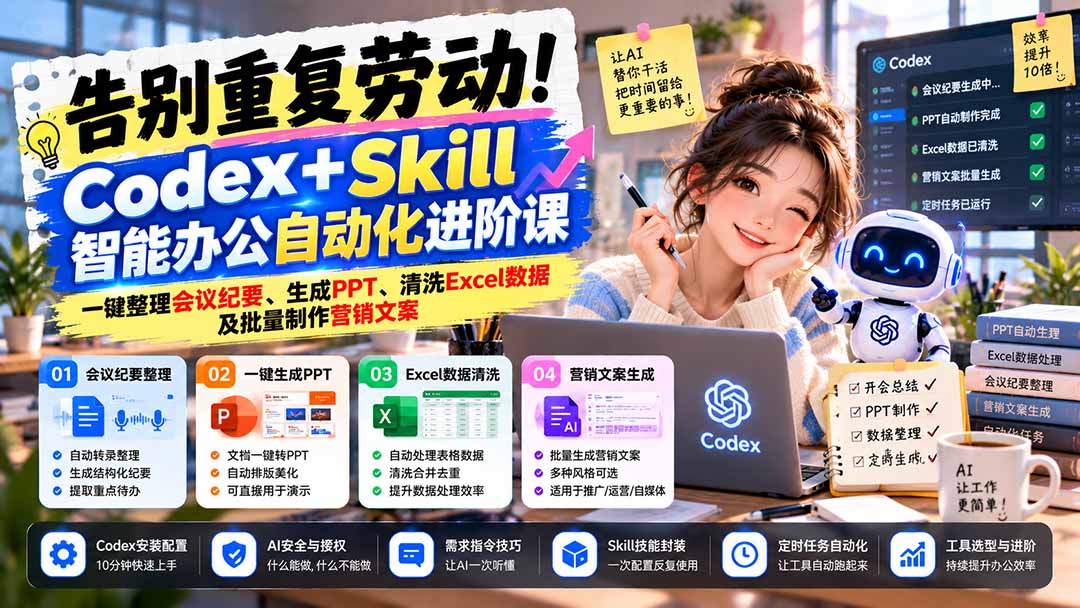 （21001期）告别重复劳动！Codex+Skill智能办公自动化进阶课：一键整理会议纪要、生成PPT、清洗Excel数据及批量制作营销文案