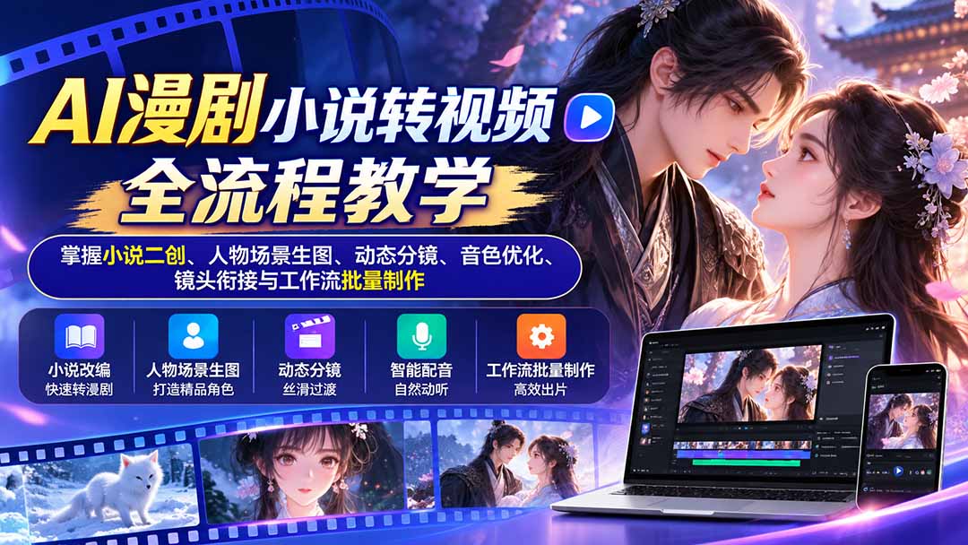 （20880期）AI漫剧小说转视频全流程教学：掌握小说二创、人物场景生图、动态分镜、音色优化、镜头衔接与工作流批量制作