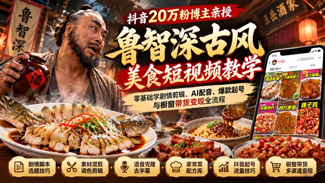（21285期）抖音20万粉博主亲授鲁智深古风美食玩法：零基础学剧情剪辑、AI配音、爆款起号与橱窗带货变现全流程